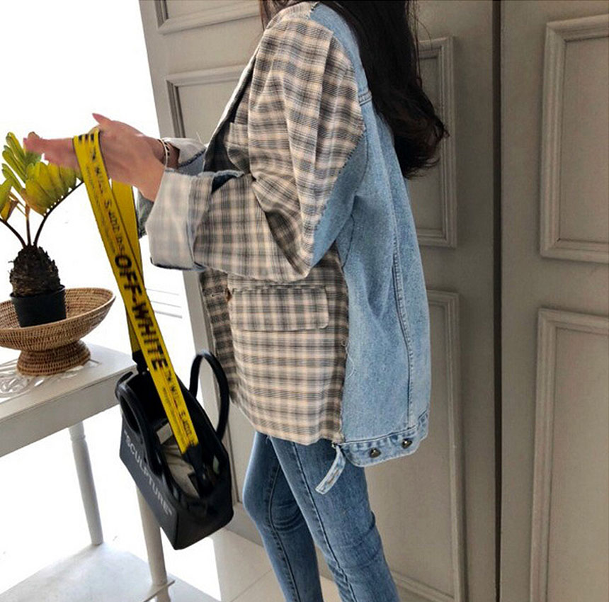 오버핏 체크 배색 데님 청자켓