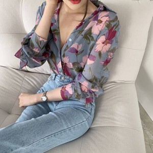 <b>플라워 쉬폰 러플 셔츠 블라우스</b>