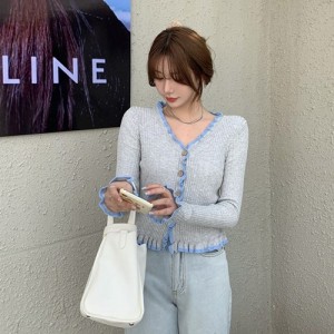 <b>슬림 배색 프릴 골지 니트 가디건</b>