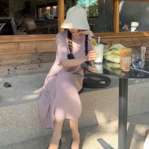 <b>루즈핏 반팔 트임 롱 니트 원피스</b>