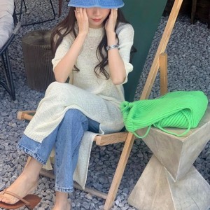 <b>루즈핏 반팔 트임 롱 니트 원피스</b>