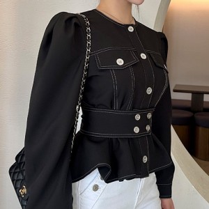 <b>스티치 페플럼 벨트 퍼프 자켓 블라우스</b>