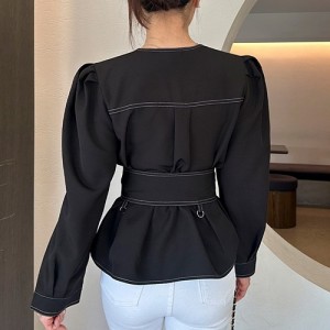 <b>스티치 페플럼 벨트 퍼프 자켓 블라우스</b>