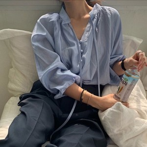 <b>타이넥 스트랩 끈 시스루 블라우스</b>