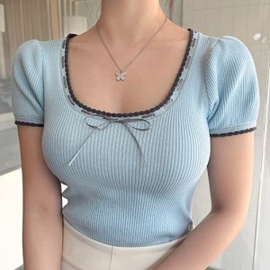 <b>스퀘어 골지 리본 물결 벌룬 반팔 니트티</b>