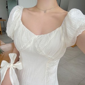 <b>주름 타이 스퀘어 벌룬소매 반팔 롱원피스</b>