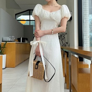 <b>주름 타이 스퀘어 벌룬소매 반팔 롱원피스</b>