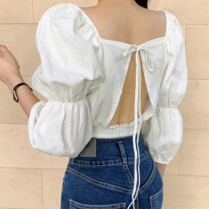 <b>백리스 오프숄더 7부 벌룬 밴딩 블라우스</b>