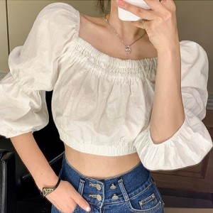 <b>백리스 오프숄더 7부 벌룬 밴딩 블라우스</b>