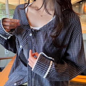 <b>레이스 체크 노카라 롱 남방 셔츠</b>