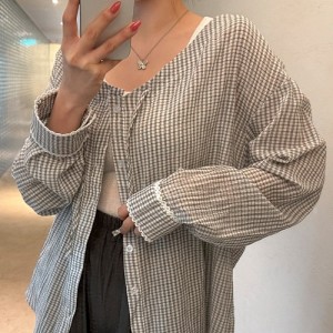 <b>레이스 체크 노카라 롱 남방 셔츠</b>