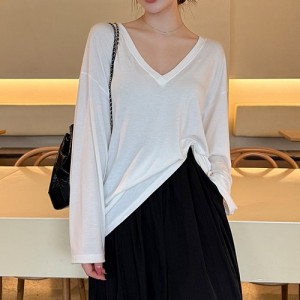 <b>국내제작 루즈핏 찰랑 딥 브이넥 롱 긴팔 티셔츠</b>