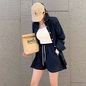 <b>스티치 뒷트임 셔츠 밴딩 반바지 투피스 셋업</b>